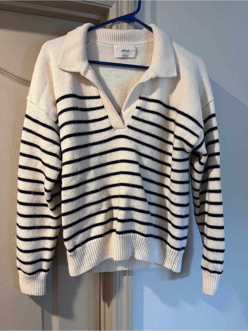 Aritzia Wilfred Cream & Black Striped Collared V-Neck Sweater
